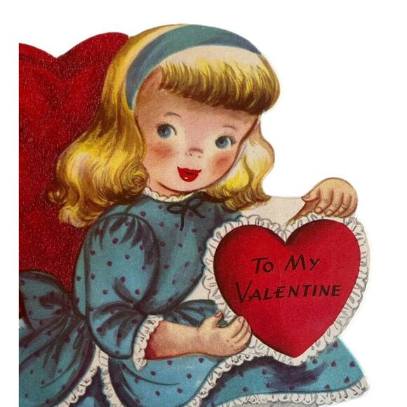 Vintage MCM 1940s Ephemera Valentine Card Die Cut Girl On Fuzzy Heart Chair SEE - Picture 1 of 6